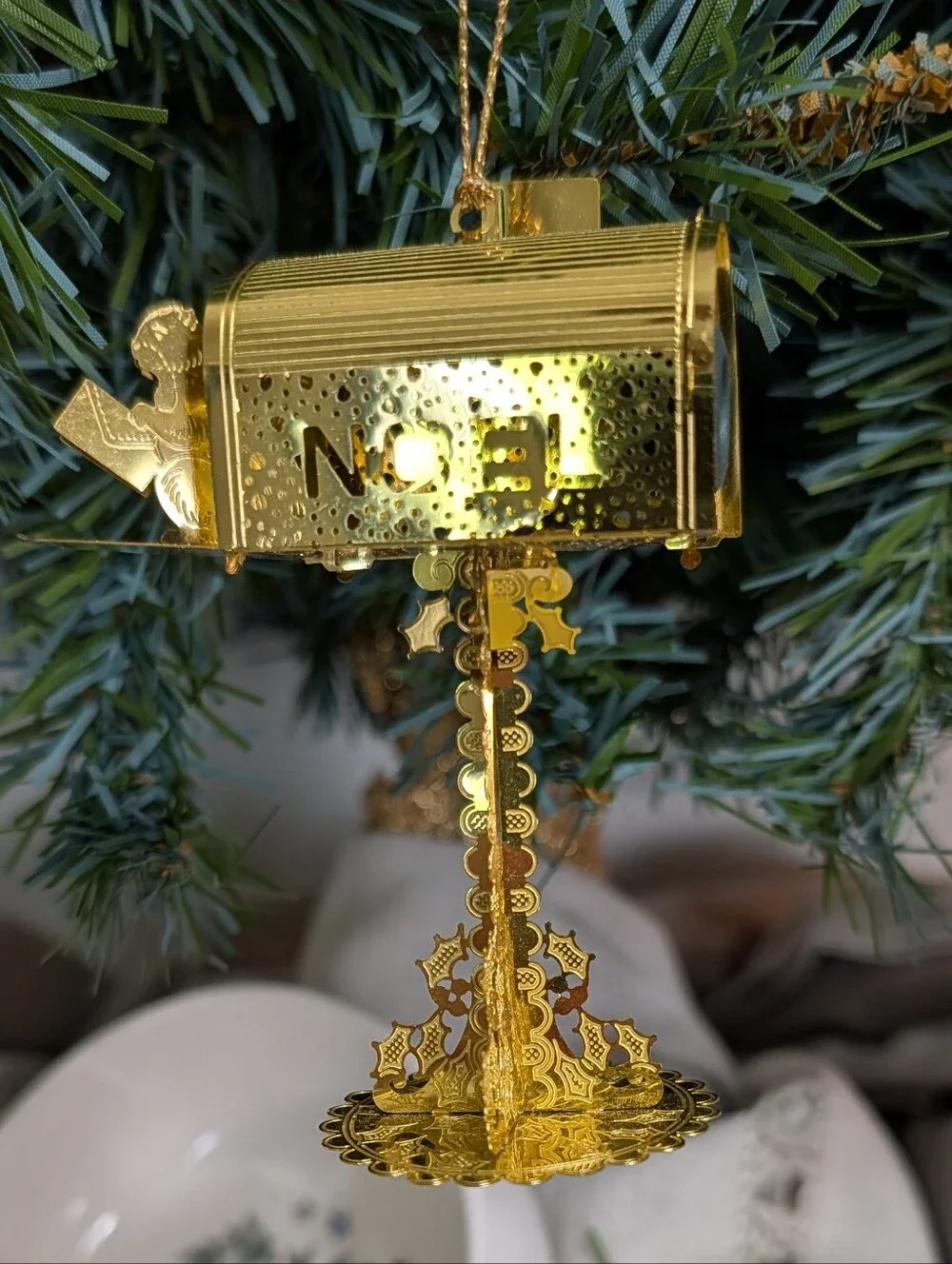 Vtg Christmas Ornament Gold Brass Metal Filigree Mailbox Shiny Santa Letter